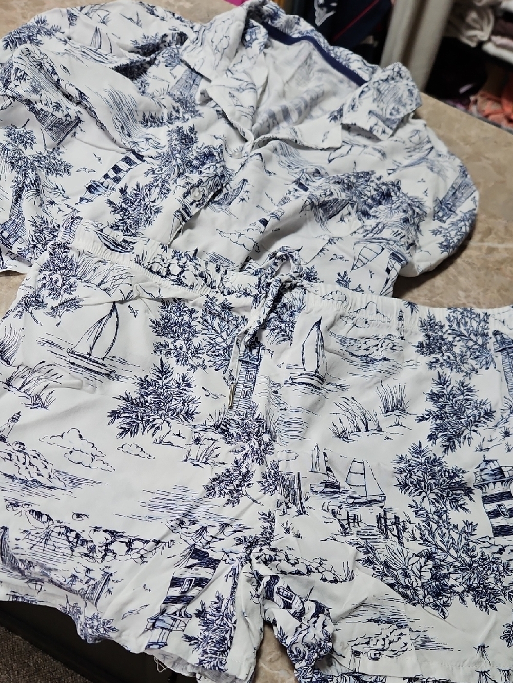 Navy Coastal Toile Print Pajama Set - Button Front Top & Drawstring Shorts